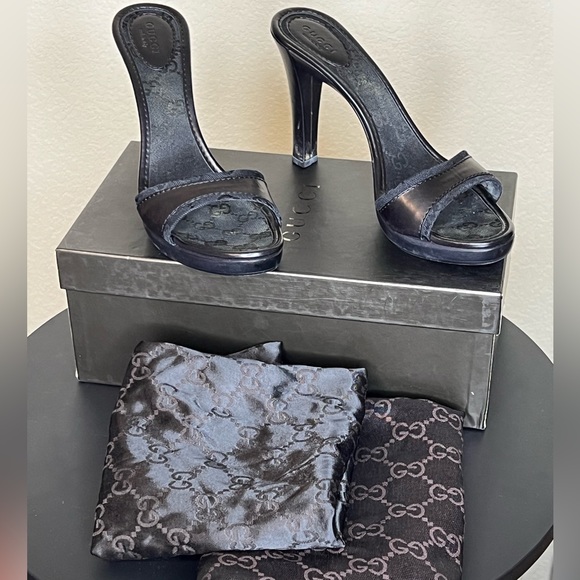 Gucci Logo high heel strapless sandals black leather size 8 - Picture 2 of 13